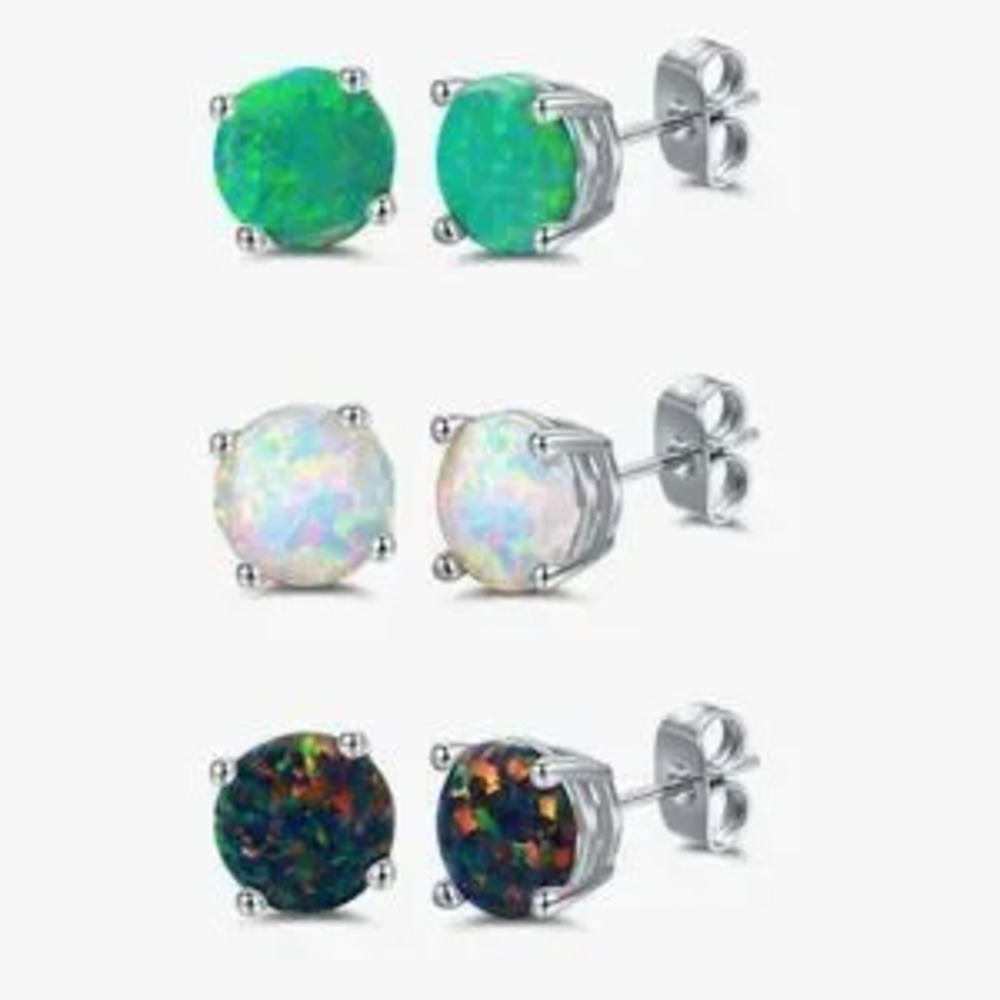 NEW?18K White Gold Plated Created Opal Stud Earrings 3 P Set